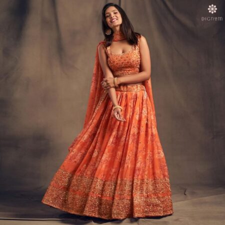 Buy Online Fire Orange Organza Embellished Lehenga Set