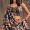 Buy Online Prussian Blue Organza Embellished Lehenga Set