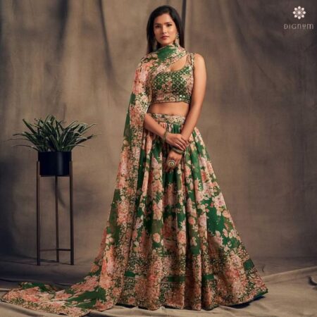 Buy Online Forest Green Organza Embellished Lehenga Set