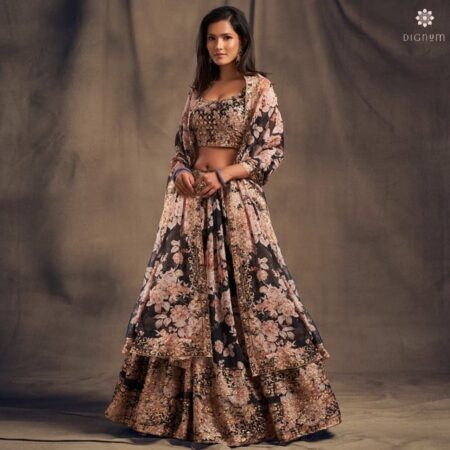 Buy Online Charcoal Black Organza Embellished Lehenga Set