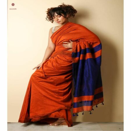 Tiger Orange and Royal Blue Cotton Silk Handloom Saree