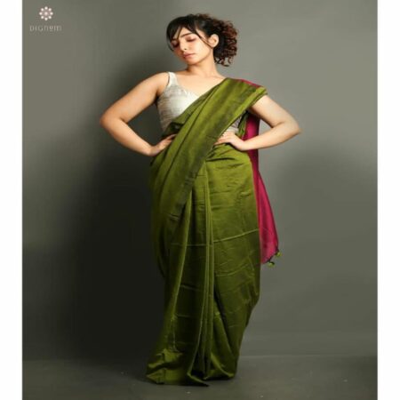 Olive Green and Fandango Pink Cotton Silk Handloom Saree