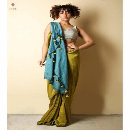 Cornflower Blue and Dark Khaki Cotton Silk Handloom Saree