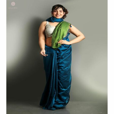 Deep Azure Blue and Parrot Green Cotton Silk Handloom Saree