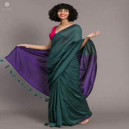 Sophisticated Teal & Grape Violet Cotton Silk Handloom Saree