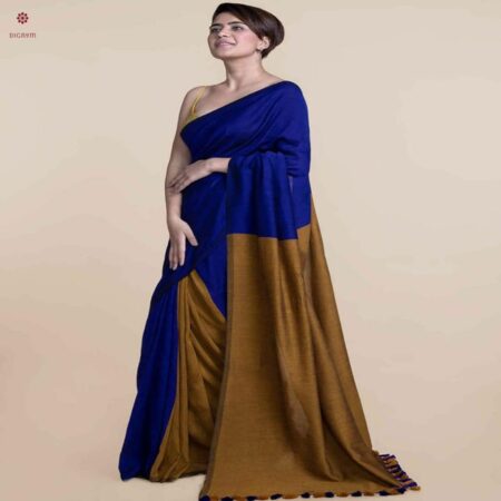 Royal Blue and Peanut Brown Cotton Silk Handloom Saree