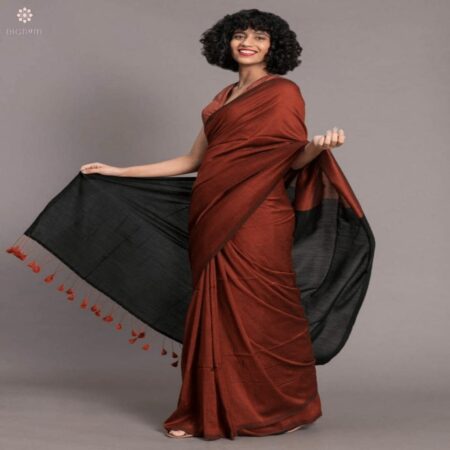 Copper Brown and Black Cotton Silk Handloom Saree