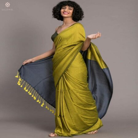 Olive Green and Steel Grey Cotton Silk Handloom Saree