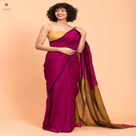 Deep Magenta and Maple Syrup Brown Cotton Silk Handloom Saree