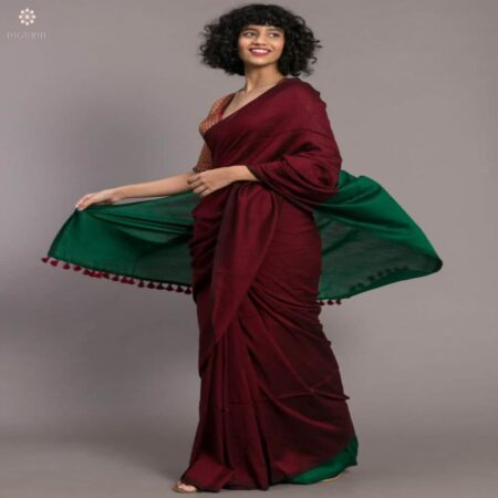 Mahogany Red and Pine Green Cotton Silk Handloom Saree