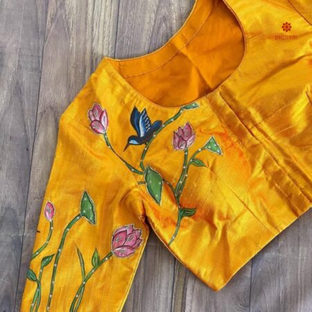 Gold Yellow Handwork Digital Print Silk Blouse