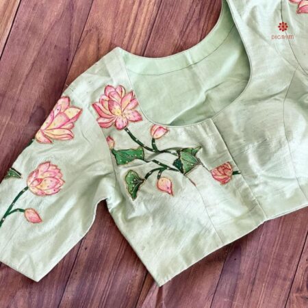 Tea Green Handwork Digital Print Silk Blouse