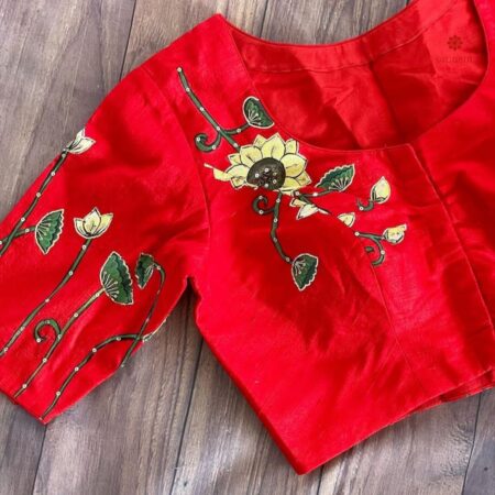 Chili Red Handwork Digital Print Silk Blouse