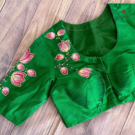 Forest Green Handwork Digital Print Silk Blouse