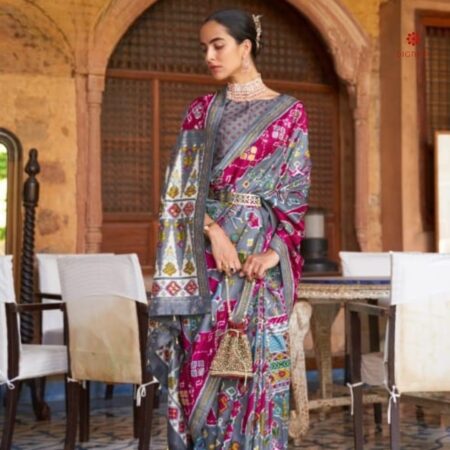 Pewter Grey and Wild Berry Pink Patola Silk Saree