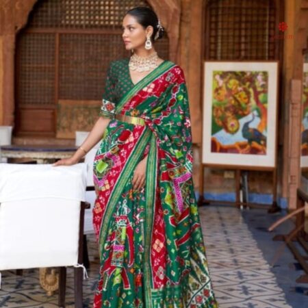 Crimson Red and Emerald Green Patola Silk Saree