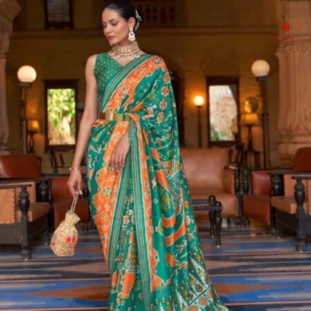 Pumpkin Orange and Jade Green Patola Silk Saree
