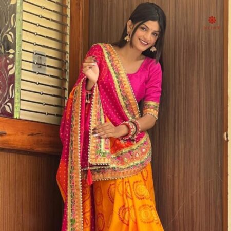 Yellow and Hot Pink Dola Silk Bandhej Saree