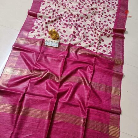 Fuchsia Pink Pure Tussar Silk Hand Block Print Saree
