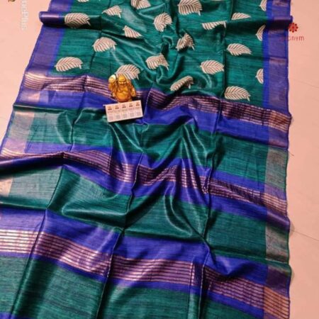 Pine Green Pure Tussar Silk Hand Block Print Saree