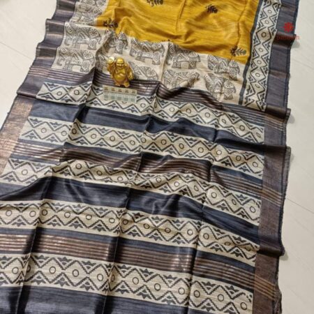 Buy Online Mustard Yellow Pure Tussar Silk Hand Block Print Saree
