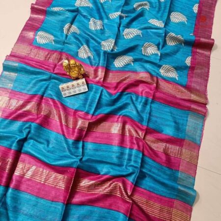 Cerulean Blue Pure Tussar Silk Hand Block Print Saree