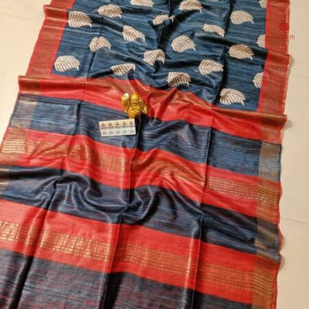 Charcoal Grey Pure Tussar Silk Hand Block Print Saree