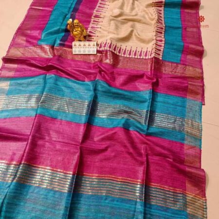 Tricolor Pure Tussar Silk Hand Block Print Saree