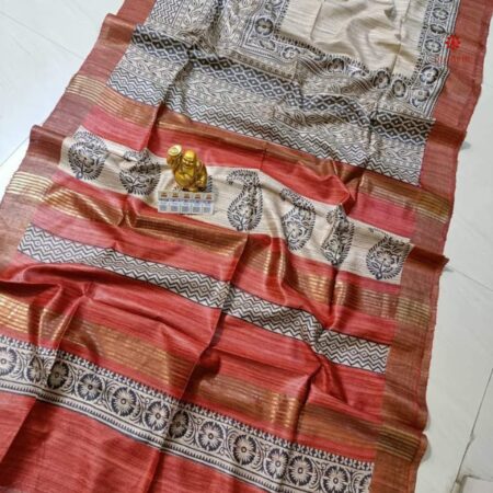 Brick Red Pure Tussar Silk Hand Block Print Saree