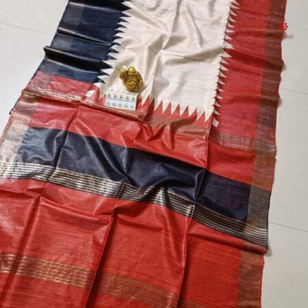 Tricolor Pure Tussar Silk Hand Block Print Saree