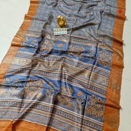 Yellow Pure Tussar Silk Hand Block Print Saree