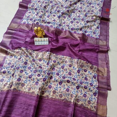 Purple Pure Tussar Silk Hand Block Print Saree