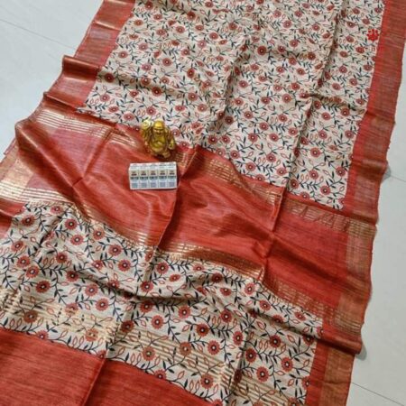 Rust Orange Pure Tussar Silk Hand Block Print Saree