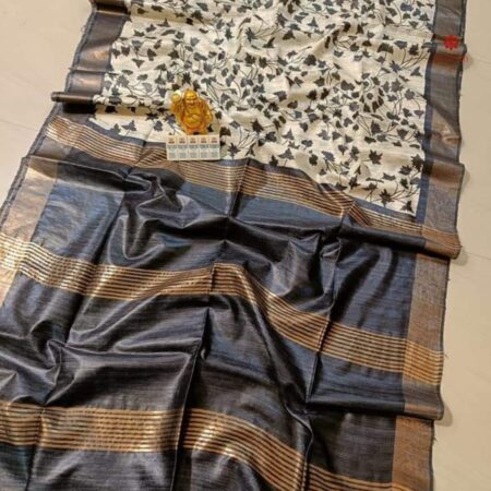 Porpoise Grey Pure Tussar Silk Hand Block Print Saree