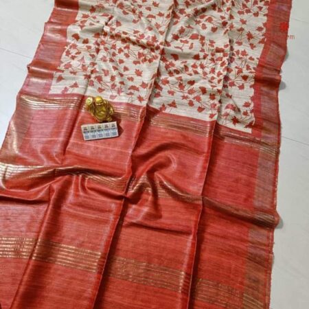 Buy Online Sunrise Orange Pure Tussar Silk Hand Block Print Saree, Pure Tussar Silk Hand Block Print Saree, DIGNUM's Pure Tussar Silk Hand Block Print Saree