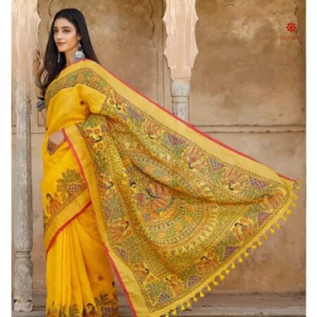 Canary Yellow Hand Painted Madhubani Silk Saree
