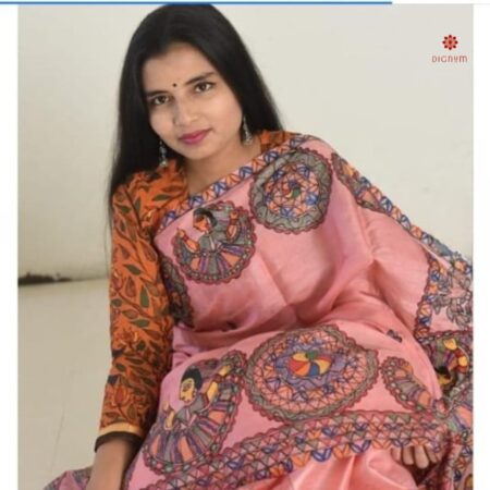 Coral Pink Hand Painted Madhubani Silk Saree