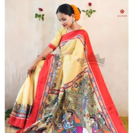 Parmesan Yellow Hand Painted Madhubani Silk Saree