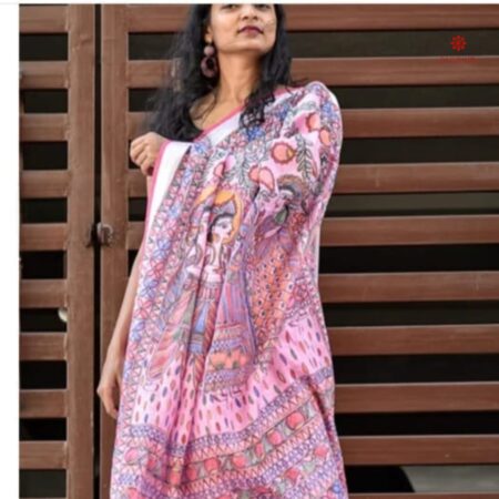 Baby Pink Hand Painted Madhubani Silk Saree