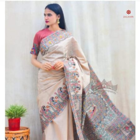 Porcelain White Hand Painted Madhubani Silk Saree