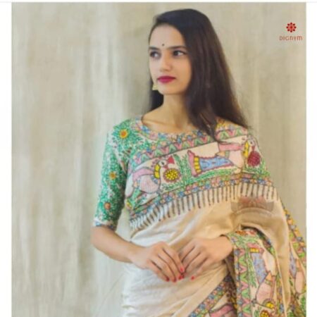 Ivory White Hand Painted Madhubani Silk Saree