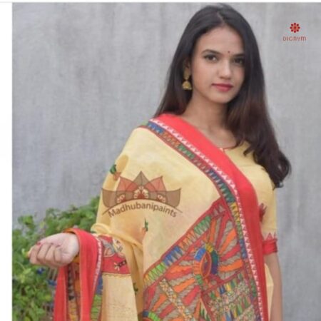 Daffodil Yellow Hand Painted Madhubani Silk Saree