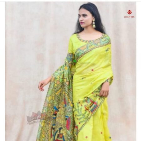 Citron Green Hand Painted Madhubani Silk Saree