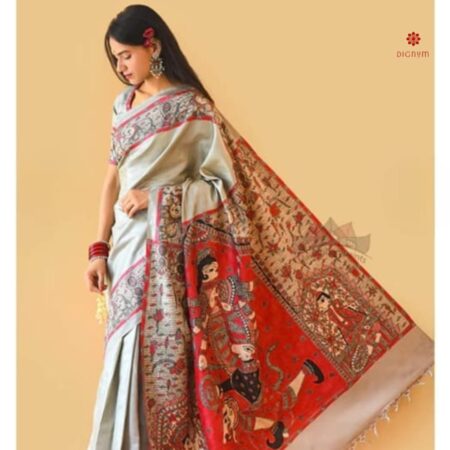 Daisy White Hand Painted Madhubani Silk Saree