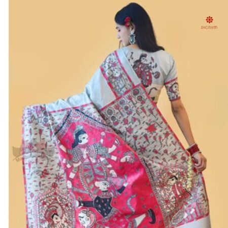 Ivory White Hand Painted Madhubani Silk Saree