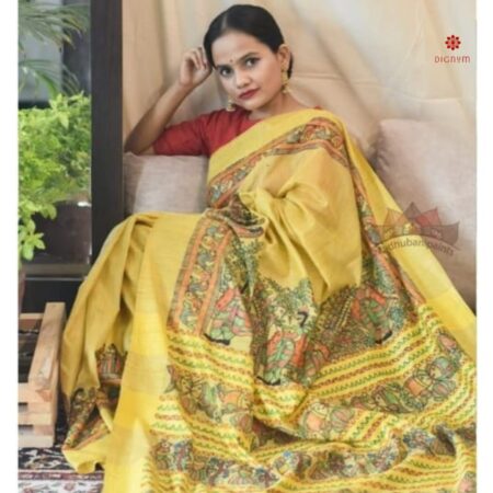 Corn Yellow Hand Painted Madhubani Silk Saree