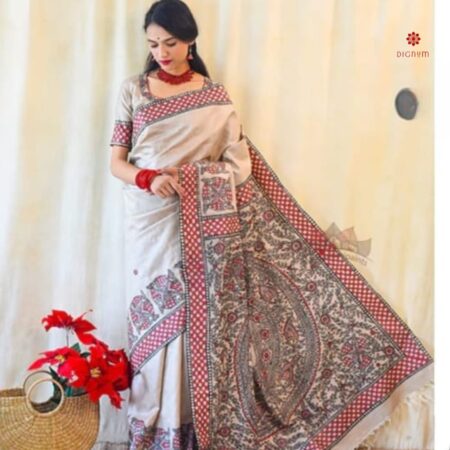 Off White Hand Painted Madhubani Silk Saree