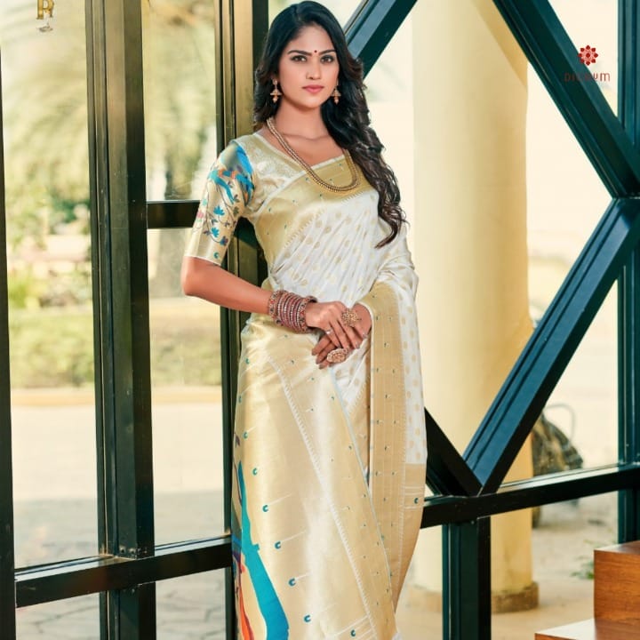 OFF WHITE and MAROON PEACOCK WEAVING PAITHANI Saree with FANCY