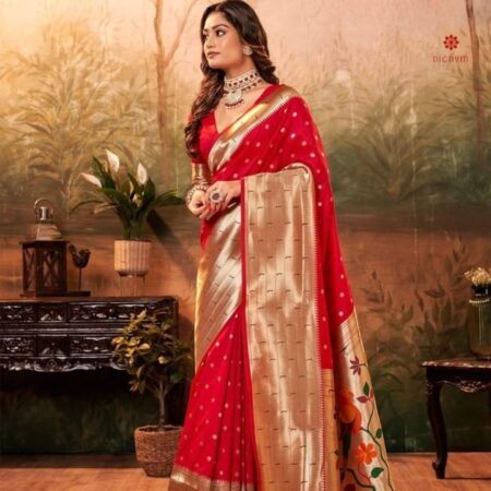 Carmine Red Woven Paithani Silk Saree
