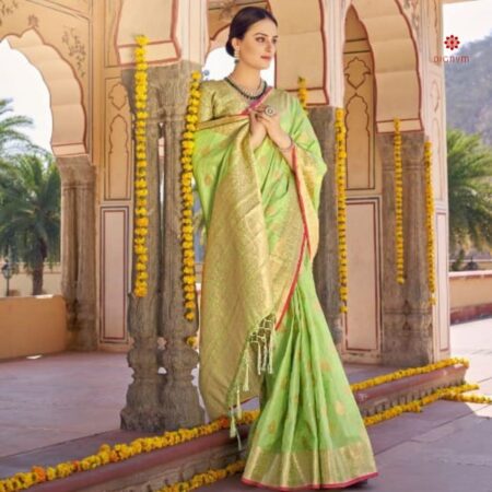 Buy Online Pear Green Woven Banarasi Linen Silk Saree